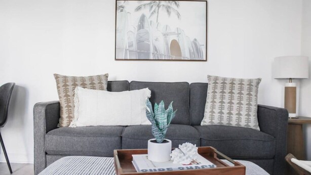 Ein graues Sofa mit gemusterten Kissen, ein gerahmtes Bild darüber, eine Holzschale mit einer Pflanze und ein Streifen Teppich.