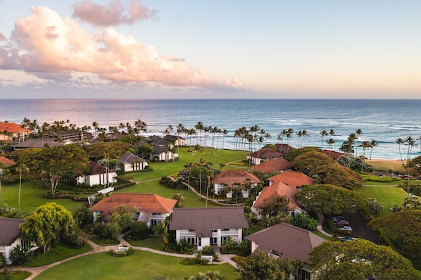 An aerial view of a coastal residential area with houses, palm trees, and a beach.