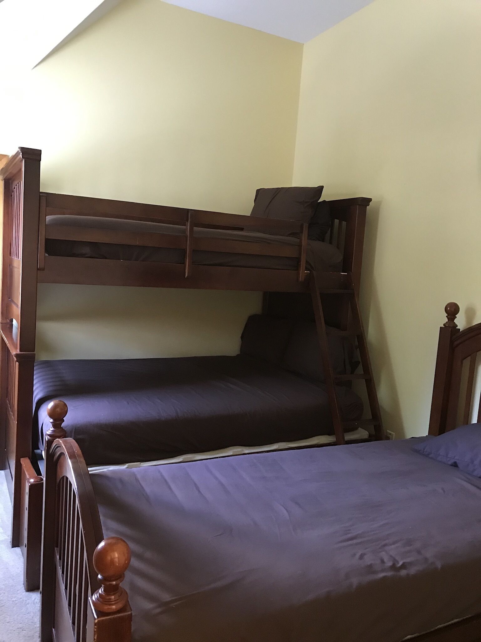 A bunk bed with two levels, wooden headboards, and a ladder for access.