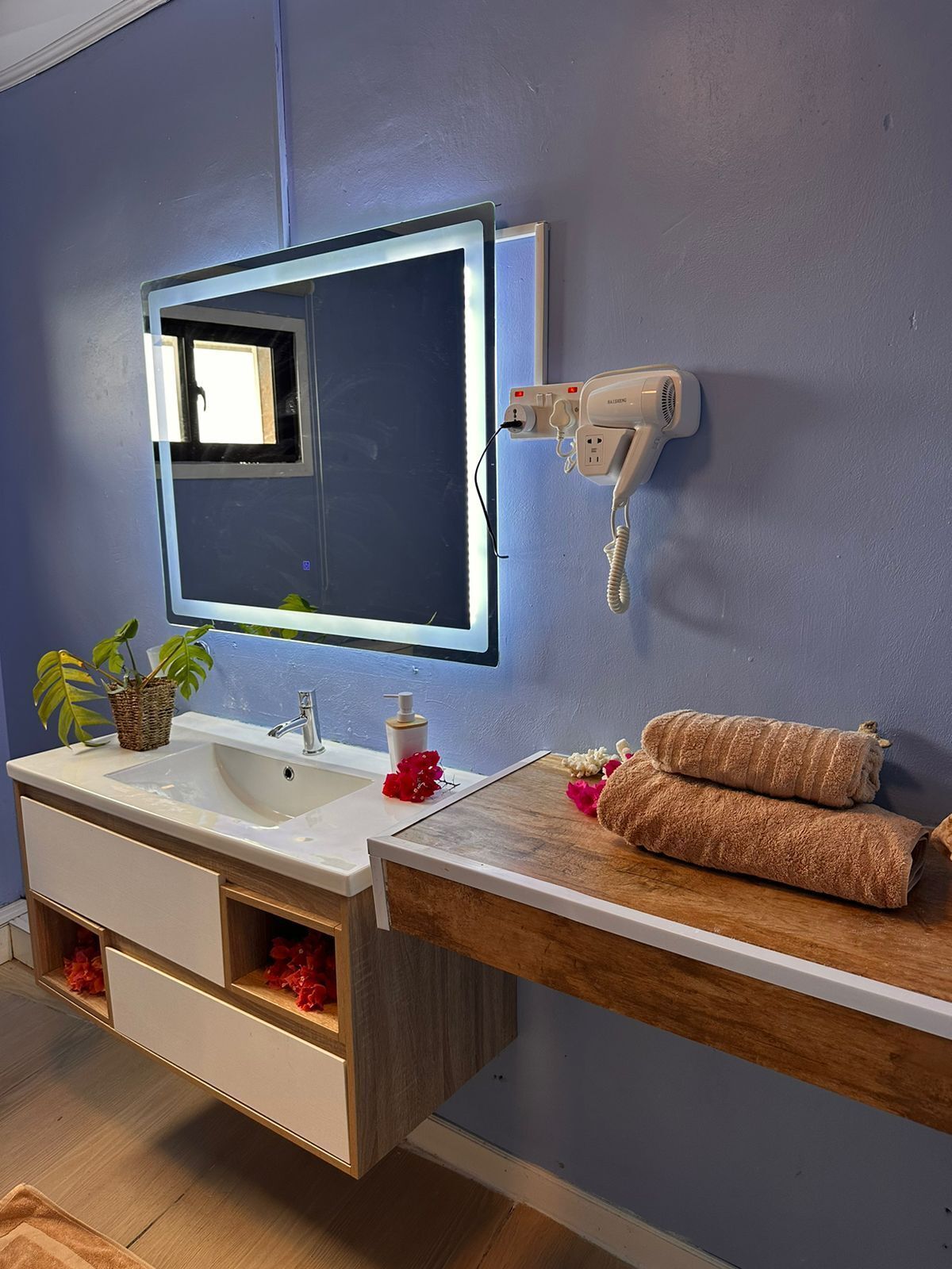 Hair dryer, towels, soap, shampoo