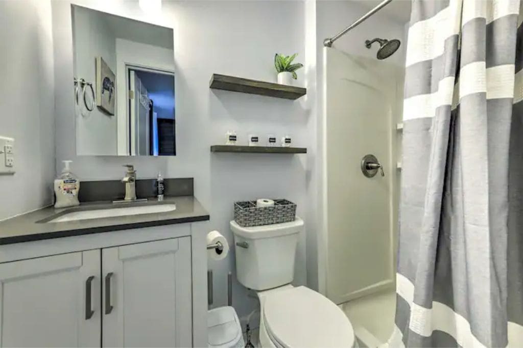 Une salle de bain équipée de toilettes, d’un lavabo, d’un miroir et d’un rideau de douche.