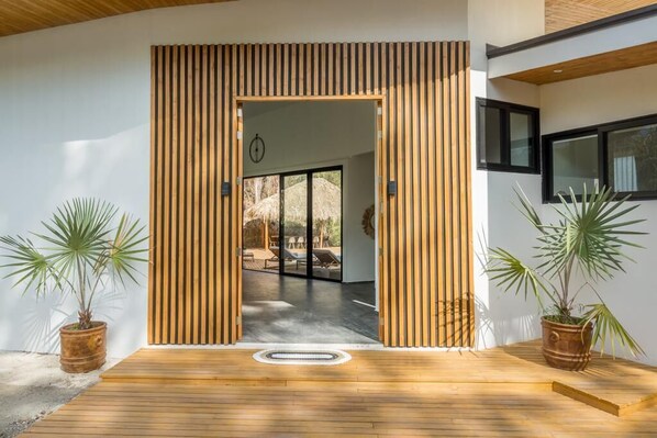 A modern entrance with vertical wooden slats, a concrete pathway, and potted plants.