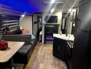 Smart TV, fireplace, video games, DVD player
