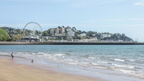 Une plage avec une grande roue en arrière-plan, un ciel dégagé et une mer calme.