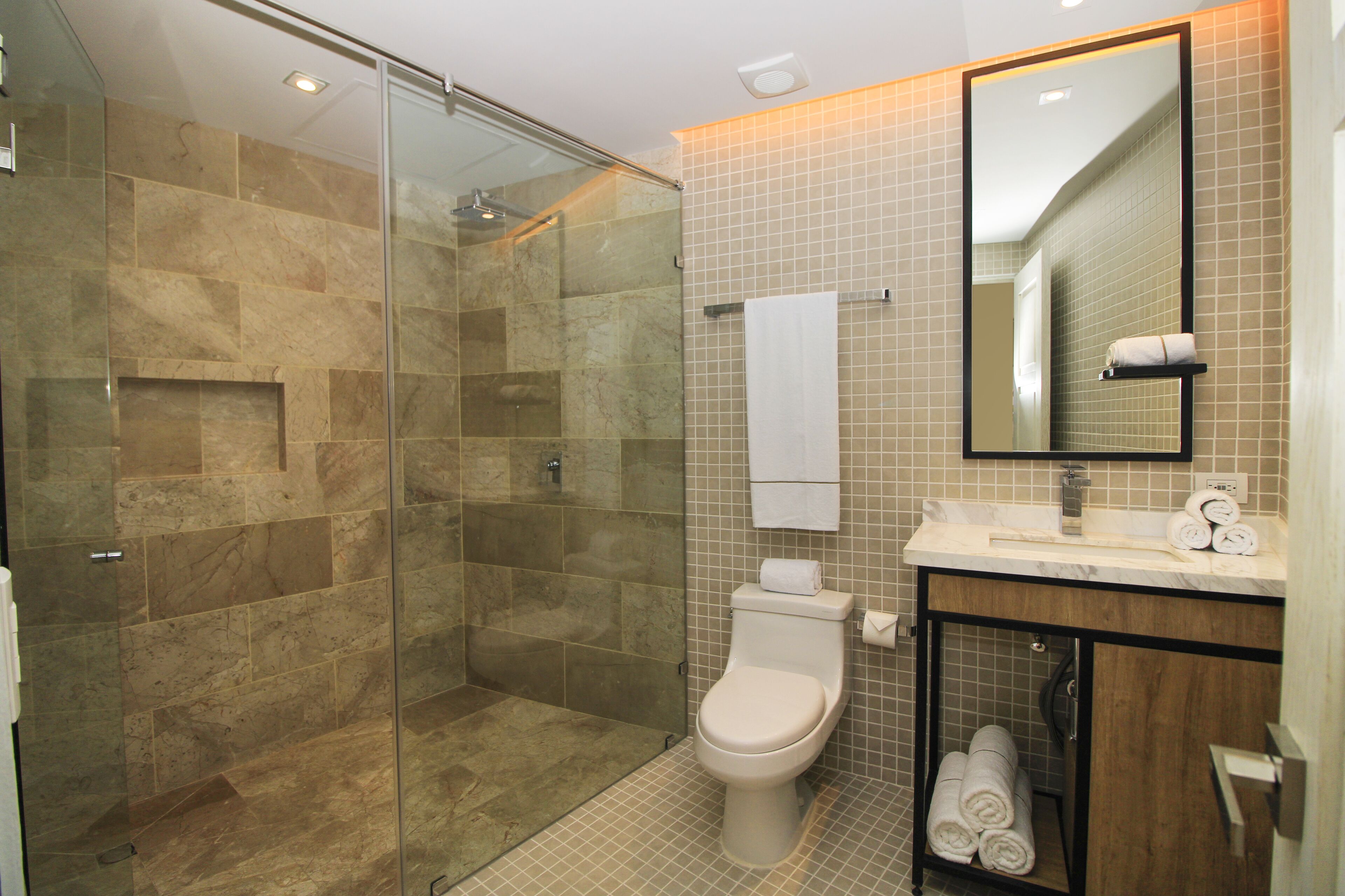 A modern bathroom with a glass-enclosed shower, a toilet, and a vanity with a mirror.