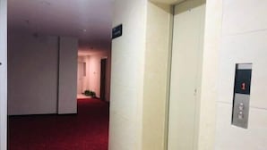 A hallway with a red carpet leading to an elevator marked with the number 1.
