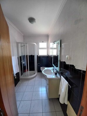 Shower, hair dryer, bidet, towels