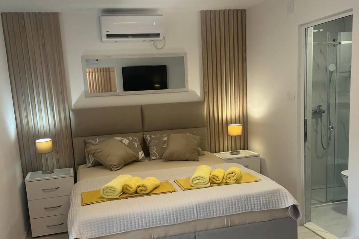 A modern bedroom with a large bed, bedside tables, a TV, and a glass shower enclosure.