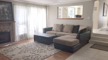 Een smart-tv, een open haard en boeken