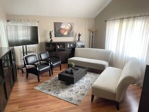 Smart TV, fireplace, books