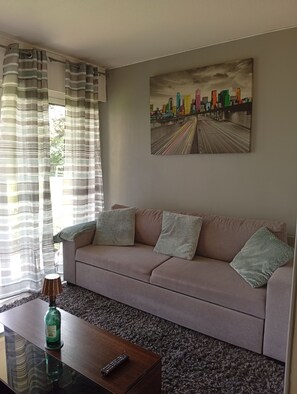 Un salon avec un canapé, un tableau représentant une vue panoramique d’une ville, une table basse avec une bouteille et une télécommande, et des rideaux.