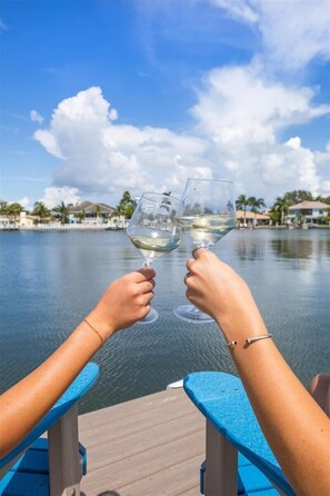 Dos manos sosteniendo copas de vino frente a una vista panorámica del agua.