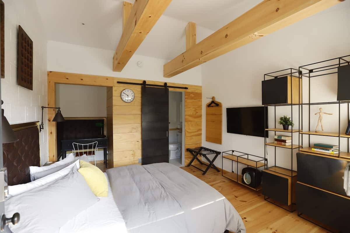 Quarto com cama, vigas de madeira, guarda-roupa, televisão e uma mesinha com uma planta.