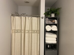 Douche, séchoir à cheveux, serviettes fournies, savon