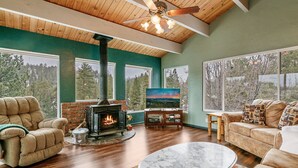 Una sala de estar acogedora con chimenea, asientos cómodos y ventanas amplias con vistas al bosque.