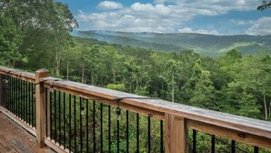 Eine Holzterrasse mit Metallgeländer, die auf eine bewaldete Landschaft mit Hügeln im Hintergrund blickt.