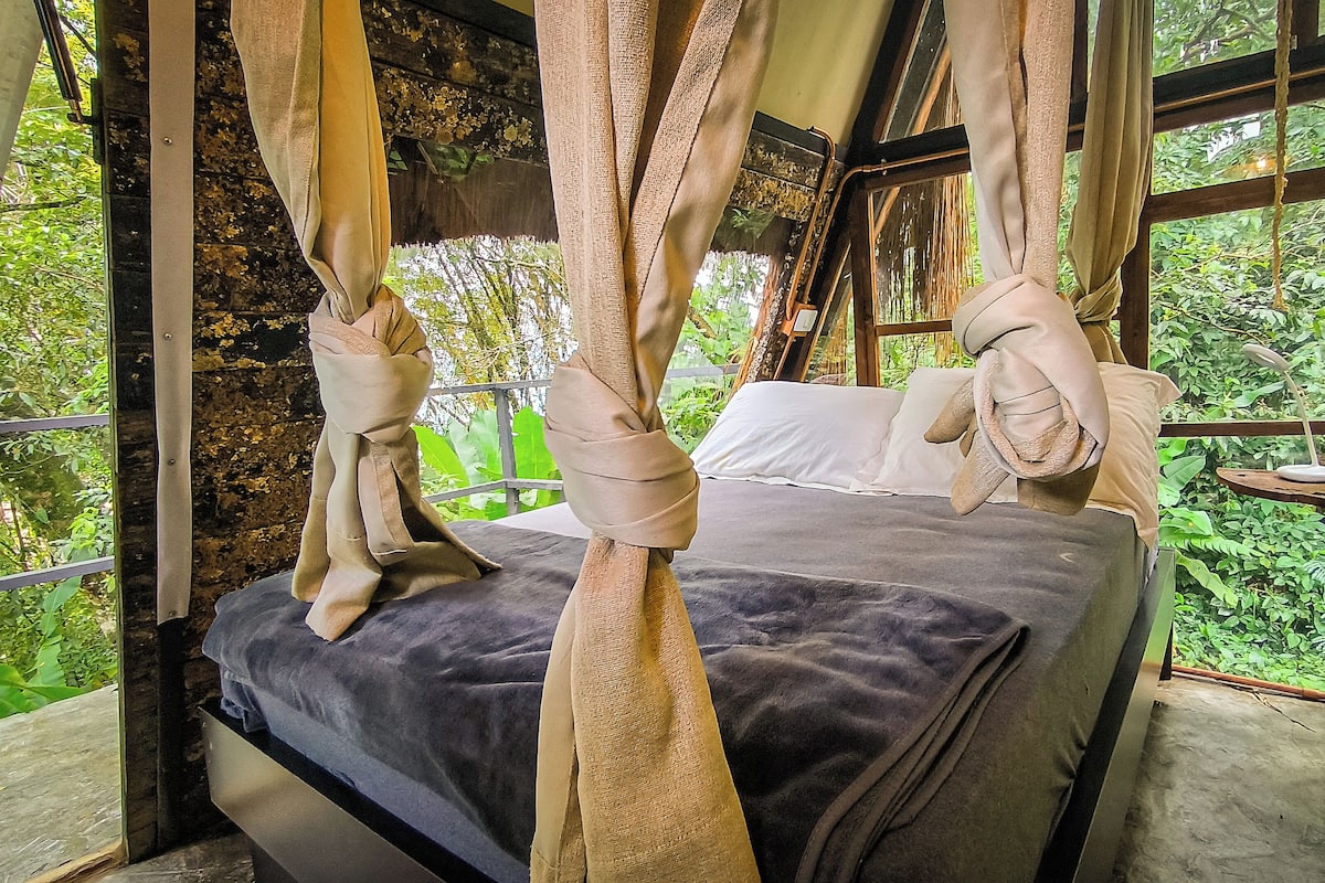 A bed with a canopy, a window, and a view of greenery.