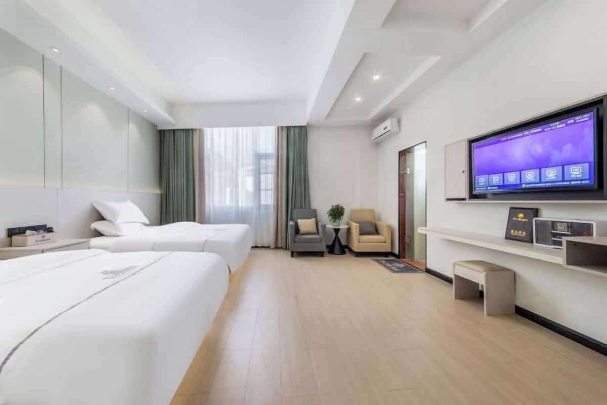 Une chambre d’hôtel avec deux lits, une télévision, une petite table avec une plante et un coin salon avec des chaises.