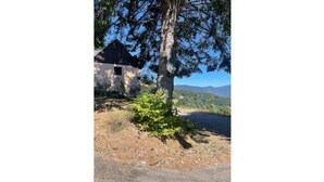 A rustic cabin with a dirt ground and a road in the foreground, surrounded by trees and a mountainous backdrop. - Chalet-style house in the heart of nature (Kruth)