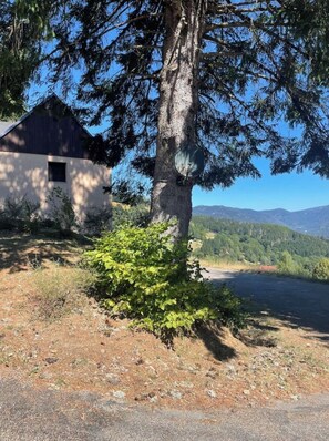A rustic cabin with a dirt ground and a road in the foreground, surrounded by trees and a mountainous backdrop. - Chalet-style house in the heart of nature (Kruth)