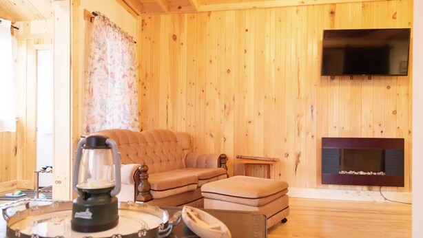 Una habitación con paneles de madera, un sofá, una mesita con cafetera, un teléfono y una chimenea.