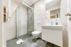 A modern bathroom with a glass shower enclosure, a white toilet, and a sink with a mirror above it.