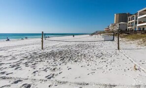 On the beach, sun loungers