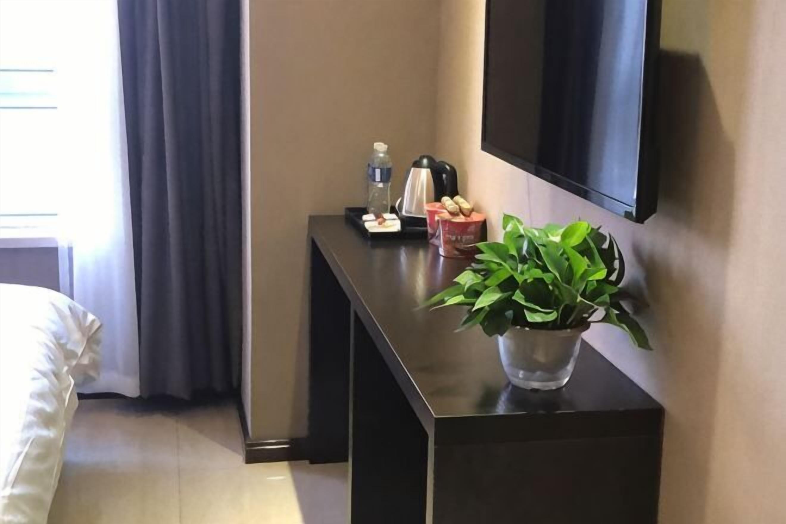 A hotel room with a bed, a desk with a plant, a TV, and a window with curtains.