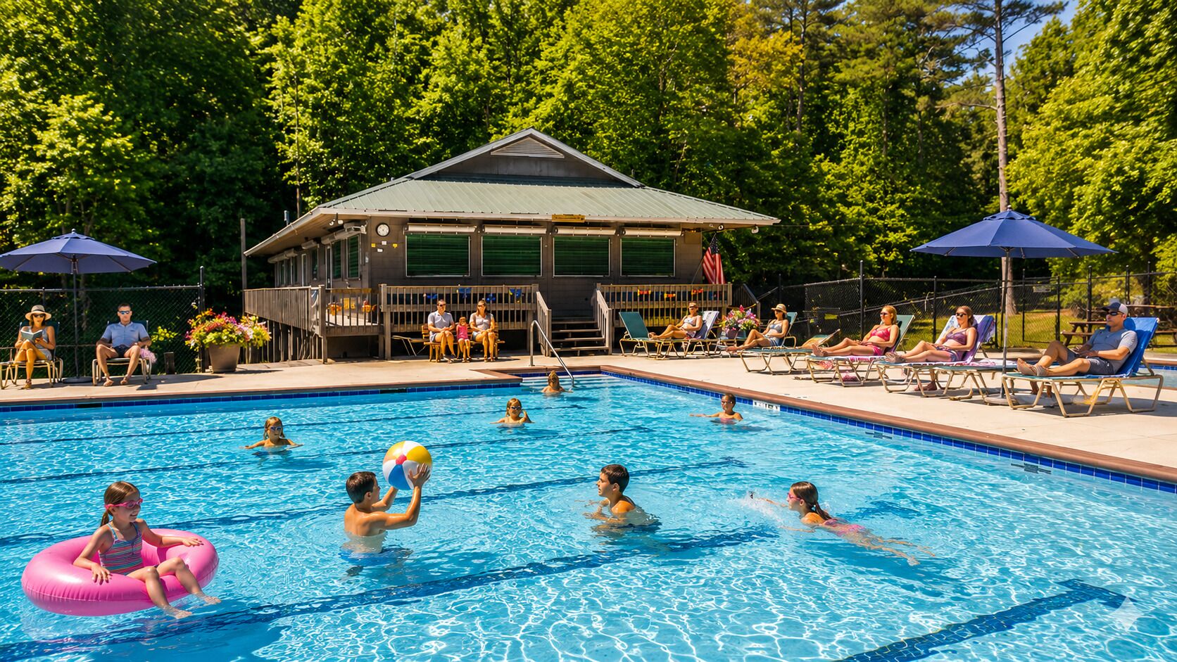 Una piscina con gente en el agua y en el borde, rodeada de árboles y un edificio con techo.