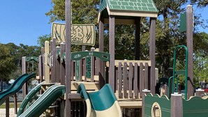 Uma área de recreação infantil com vários escorregadores e estruturas de escalada.