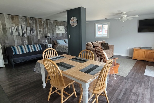 Smart TV, fireplace, books