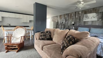 Smart TV, chimenea, libros
