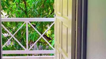 Une porte ouverte donnant sur un balcon doté d’une balustrade blanche et offrant une vue sur un feuillage verdoyant et luxuriant.