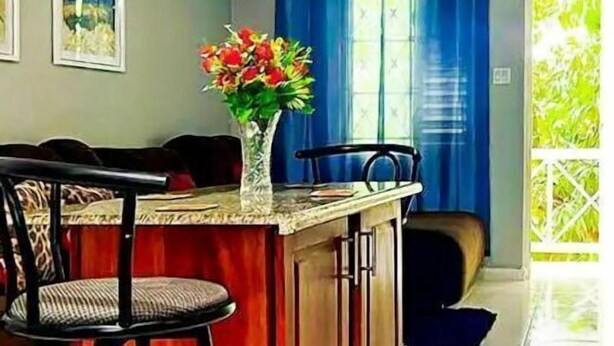 A kitchen area with a wooden counter, a bar stool, a vase with flowers, and a dining area with a sofa and chairs. - Gated 2BR Apartment + Enjoy A/C & Wi-Fi + From 100/Night (Kingston 10)