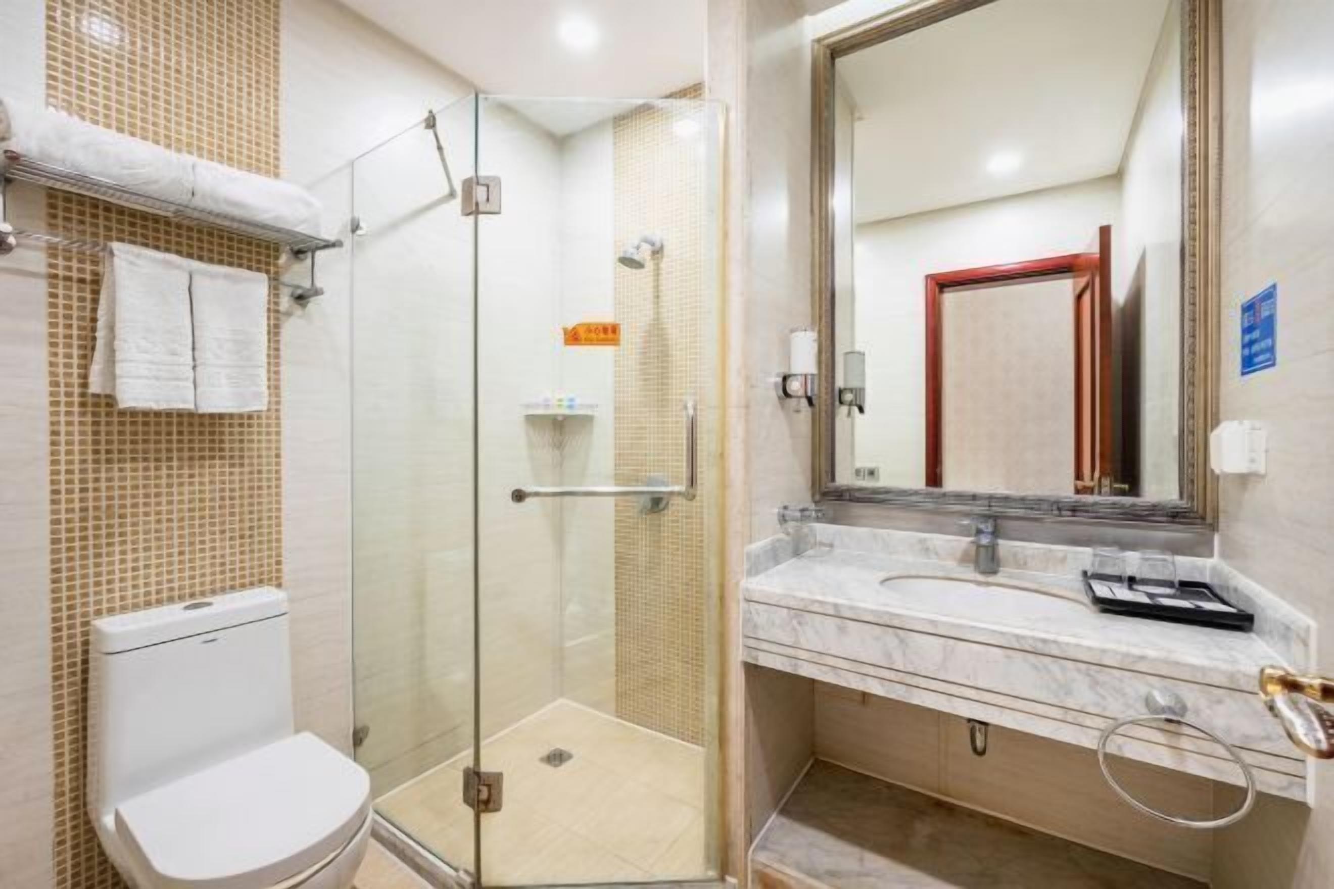 Ein modernes Badezimmer mit einer Duschkabine aus Glas, einer weißen Toilette, einem Marmorwaschbecken und einem großen Spiegel.