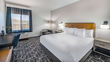 A hotel room with a large bed, a desk, a chair, a lamp, and a view of the outdoors.