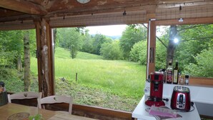 A rustic cabin with a wooden interior, a dining table with a vase of flowers, a kitchen area with a Bosch appliance, and a view of a green landscape through large windows.