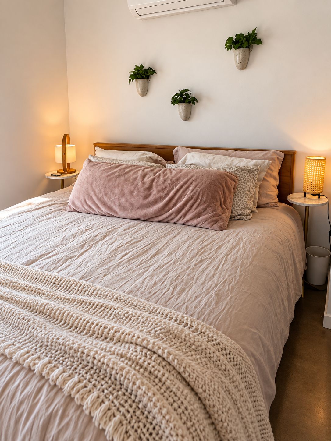 Una cama bien tendida con un edredón grande y texturizado, un cabecero de madera y una lámpara de noche.