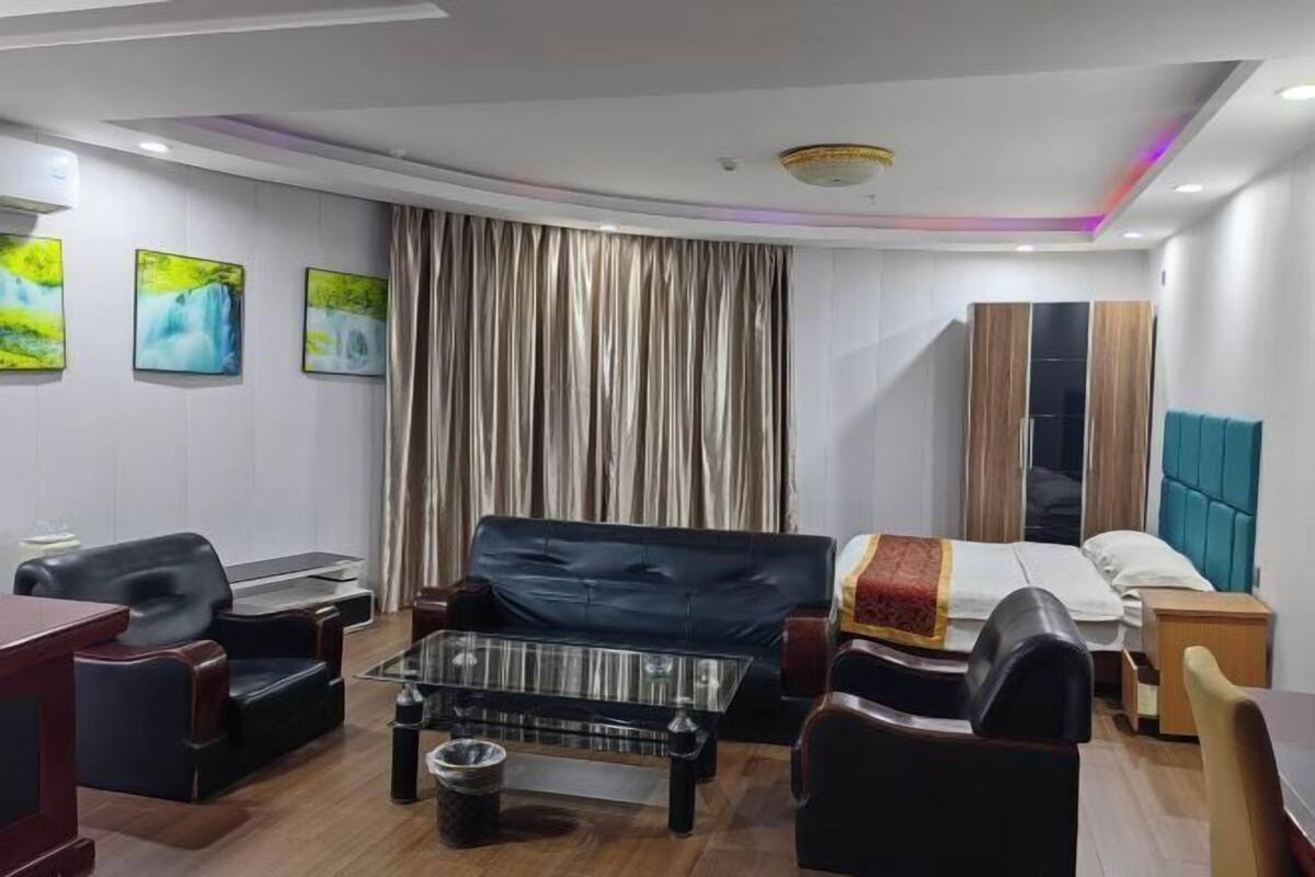 A modern living room with a sofa, armchairs, a coffee table, a bed with a headboard, and a wardrobe.