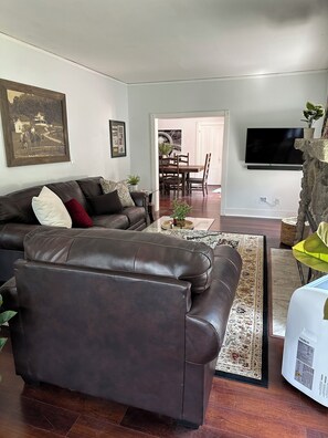 Smart TV, fireplace, books, computer monitors