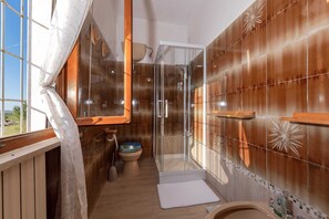 Shower, hair dryer, bidet, towels