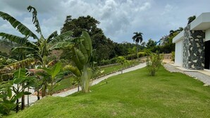 A well-maintained garden with a pathway leading to a modern building with a stone facade. - splendid villa with its infinity pool offering you a view of nature (Las Terrenas)