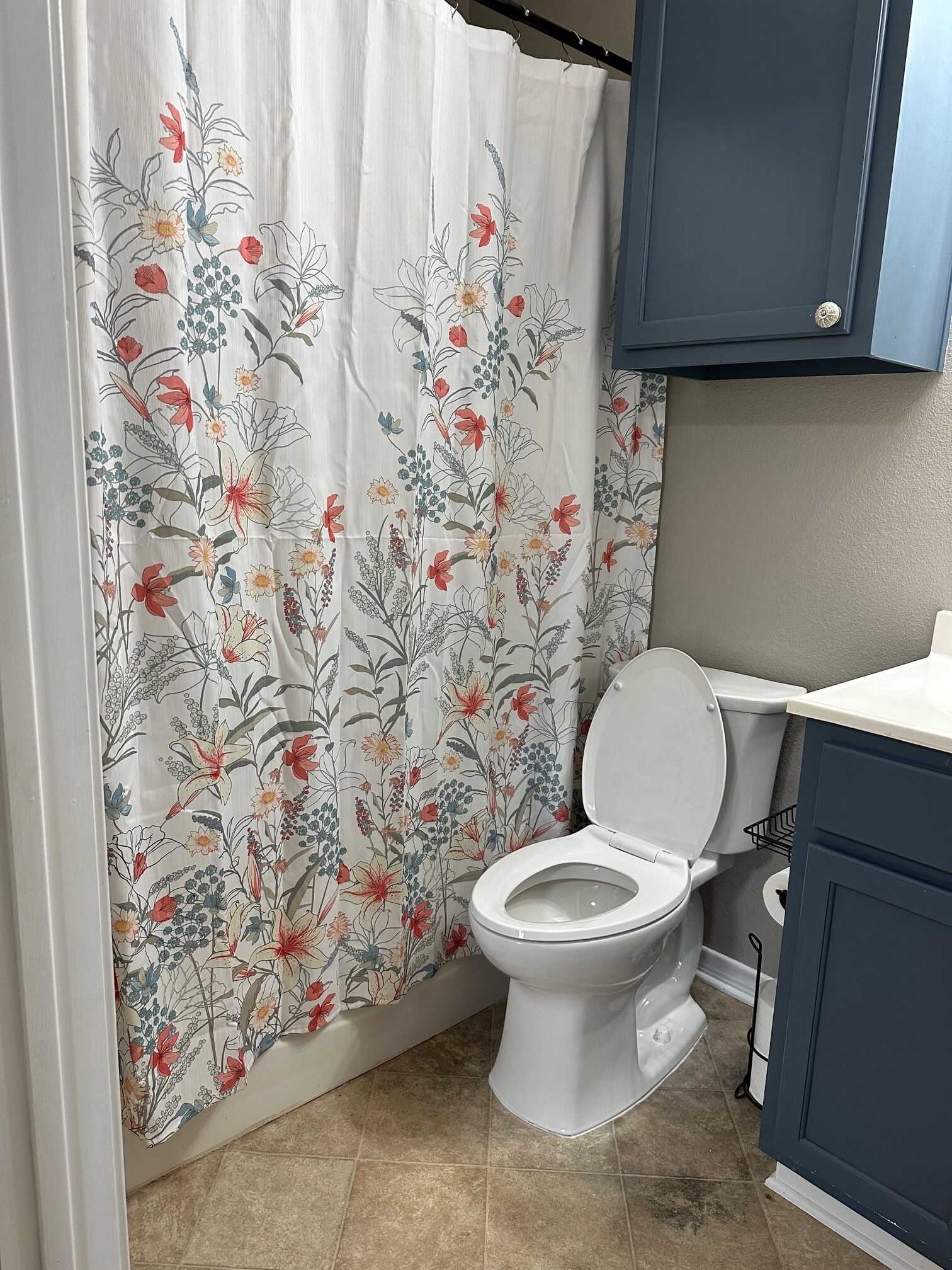Une salle de bain avec des toilettes, un rideau de douche à motifs floraux et un meuble de rangement.