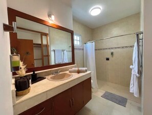Dusche, Haartrockner, Handtücher, Seife