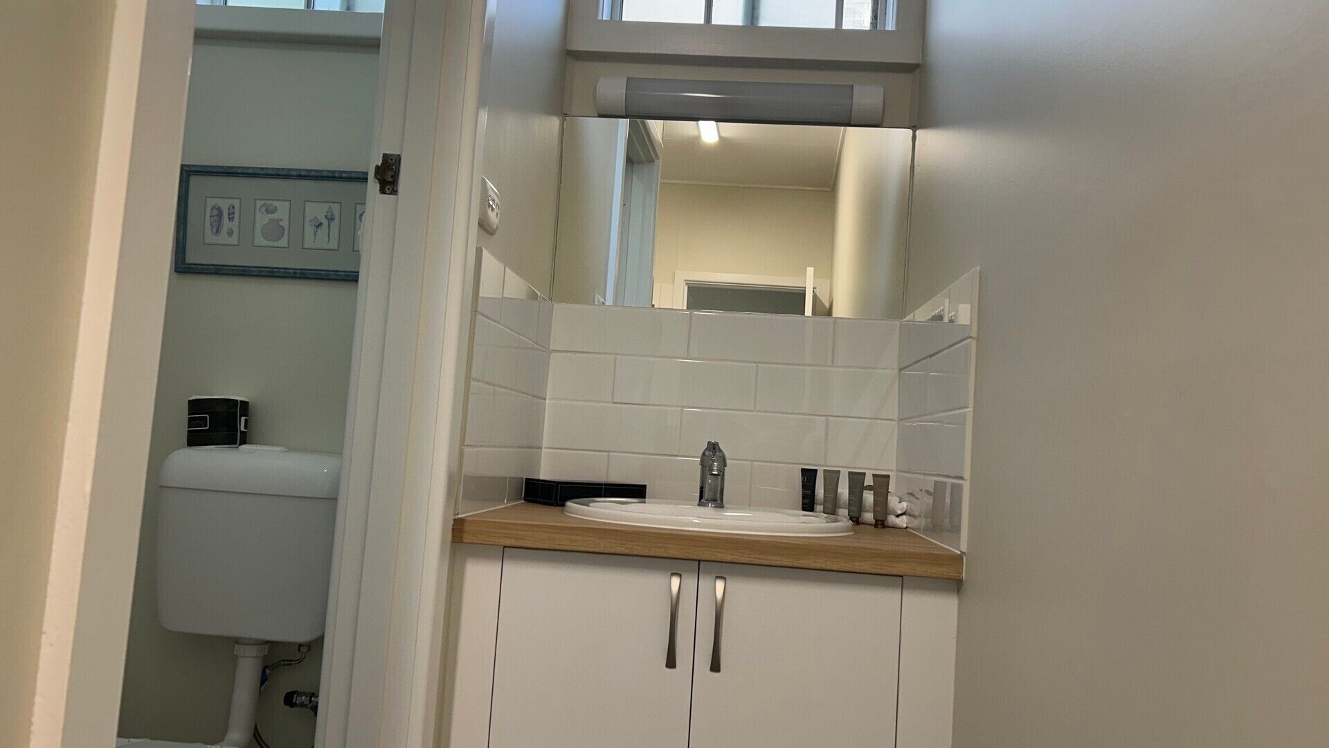 A bathroom with a white toilet, a sink with a mirror above it, and a cabinet below.