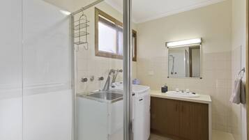 A modern bathroom with a glass-enclosed shower, a built-in sink, and a mirror above the vanity.