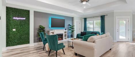 TV, fireplace, video games