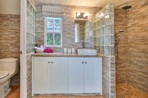 Douche, séchoir à cheveux, serviettes fournies