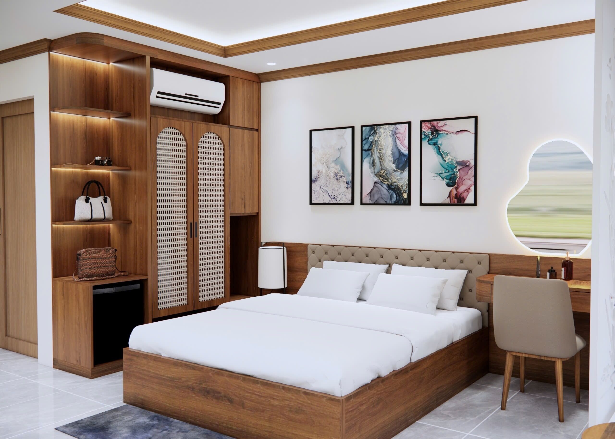 Un dormitorio con cama de madera, armario empotrado y ventana con vistas.