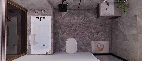 Une salle de bain moderne avec une baignoire sur pieds, des toilettes et un espace douche.